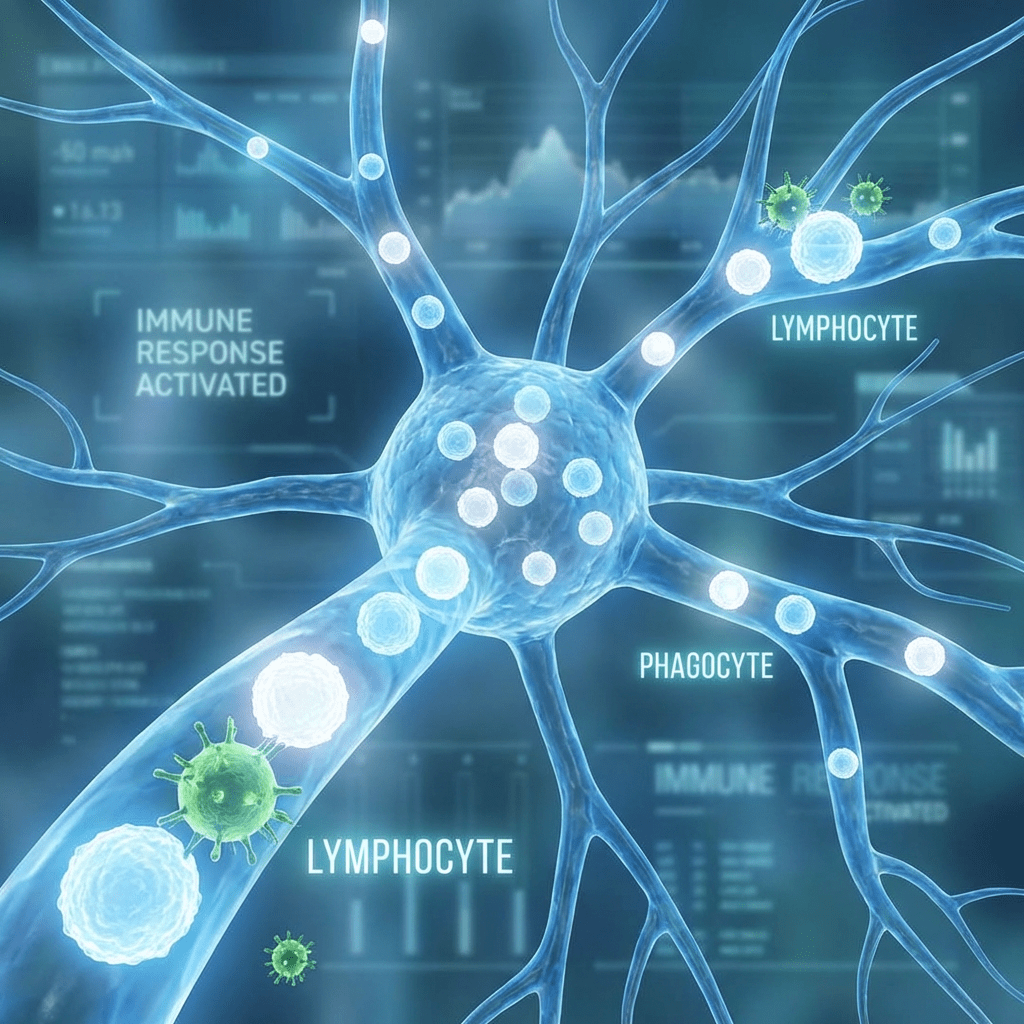 Illustration of lymphocytes and phagocytes attacking viruses, labeled IMMUNE RESPONSE ACTIVATED, LYMPHOCYTE, and PHAGOCYTE.