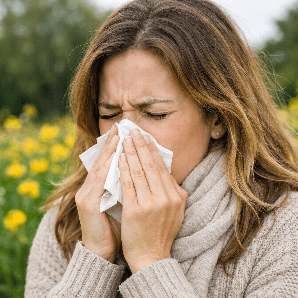Woman blowing nose into tissue outside surrounded by yellow flowers