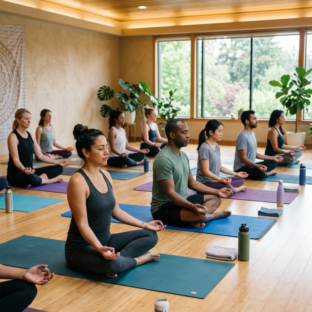 Group of individuals sitting cross-legged on yoga mats meditating indoors