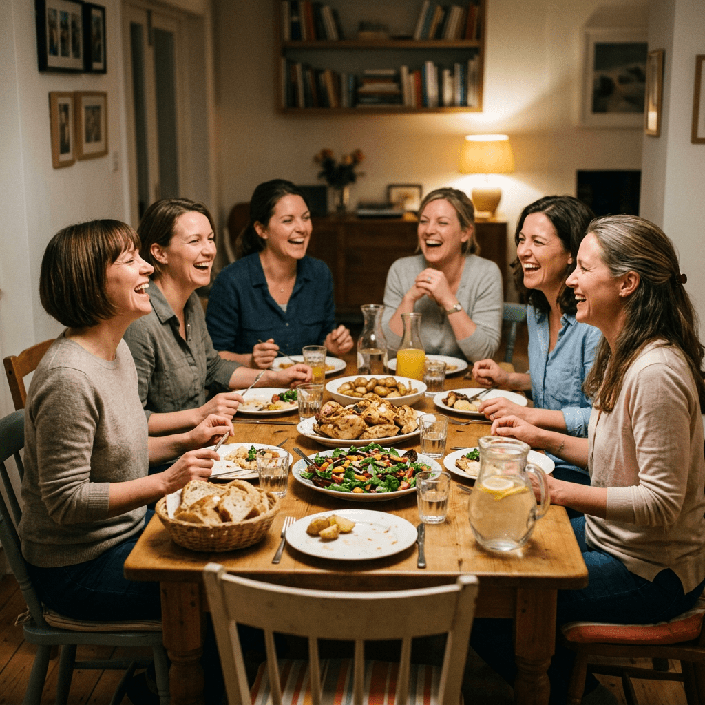 Six women sitting around a dining table laughing and sharing a meal