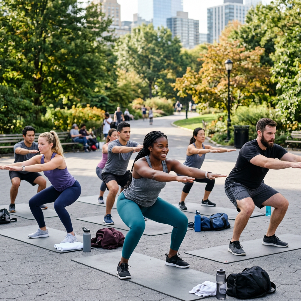 Group of six people doing squats on exercise mats in an outdoor park setting