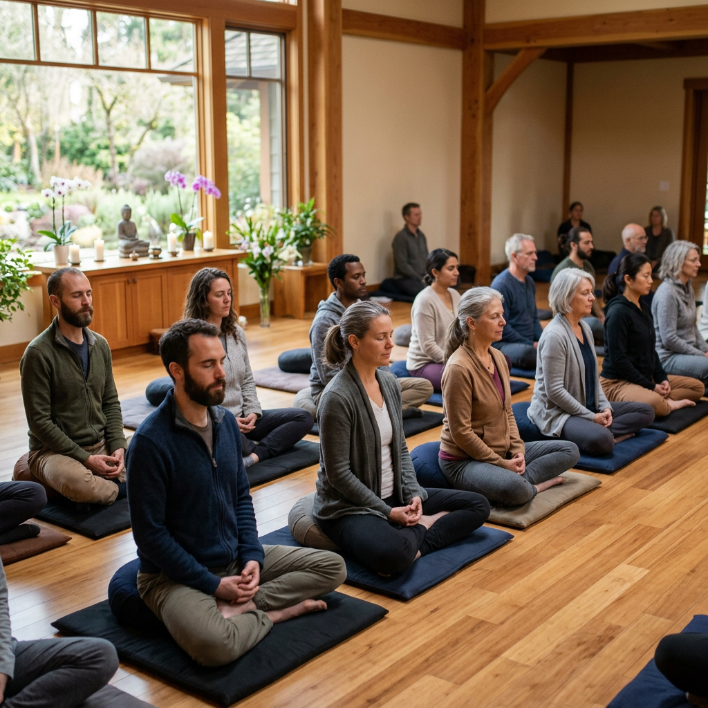 People sitting cross-legged on cushions meditating in a bright studio