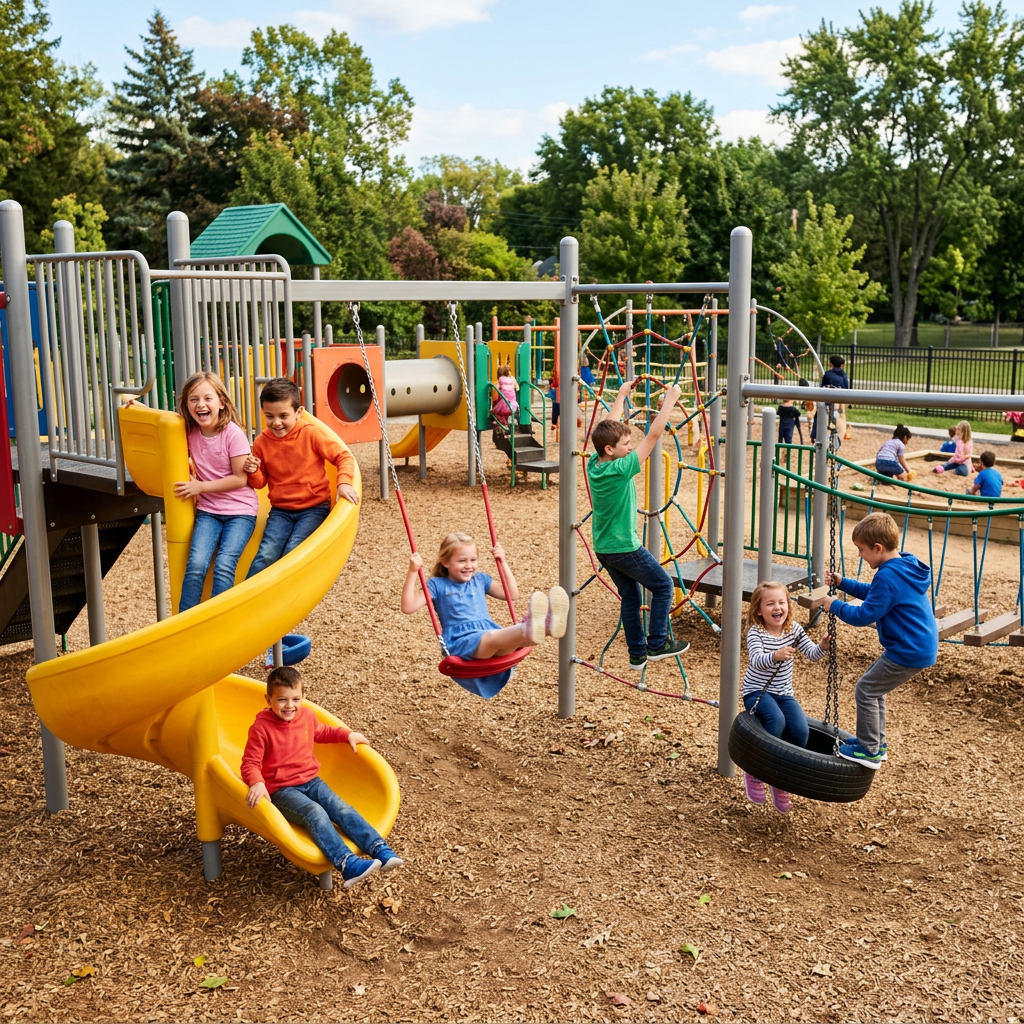 Children playing on slides, swings, and climbing equipment at a playground