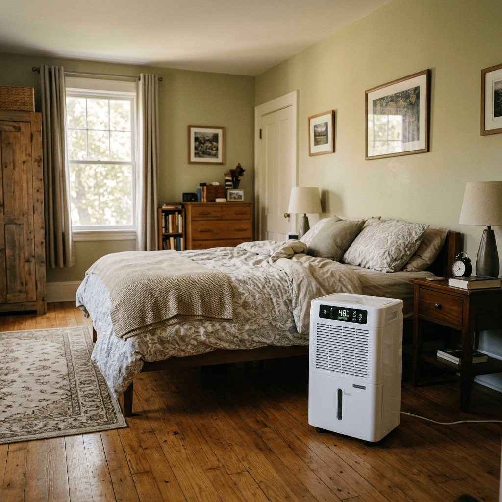 Air purifier beside a neatly made bed in a cozy bedroom